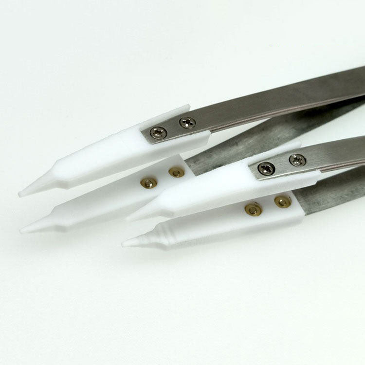 PTFE pointed tip tweezers, heatproof and chemical resistant, ideal for semiconductor lab use.
