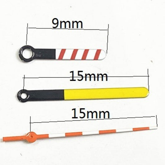Dark blue and yellow 15mm watch hands set for Ronda 515 quartz movement.