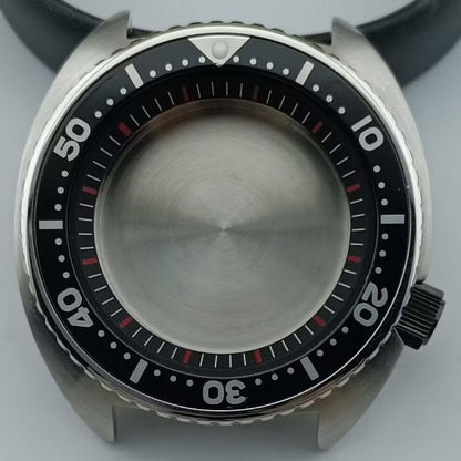 42.5mm silver watch case with black bezel and ring, compatible with NH35 NH36 NH38 NH70 NH72 movements.