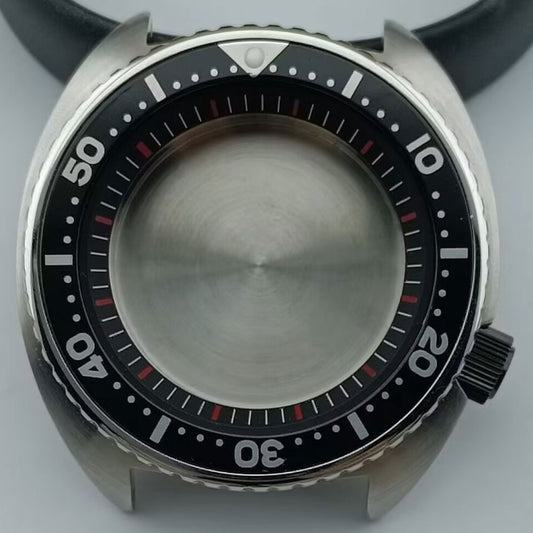42.5mm silver watch case with black bezel and ring, compatible with NH35 NH36 NH38 NH70 NH72 movements.