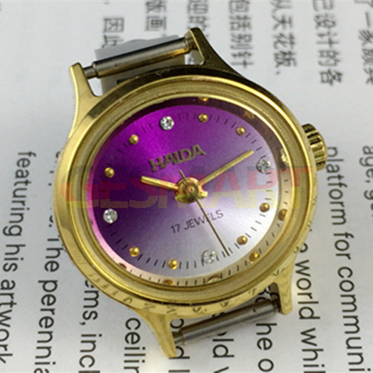 HAIDA 25mm manual mechanical lady watch with golden nail markers and gradient purple dial, 17 jewels movement.