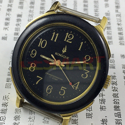 36mm China Made manual mechanical watch with 17 jewels, black dial, luminous hands, and durable strap.