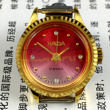 HAIDA 24mm lady watch with golden nail accents, 17 jewels, and gradient red dial for elegant style.