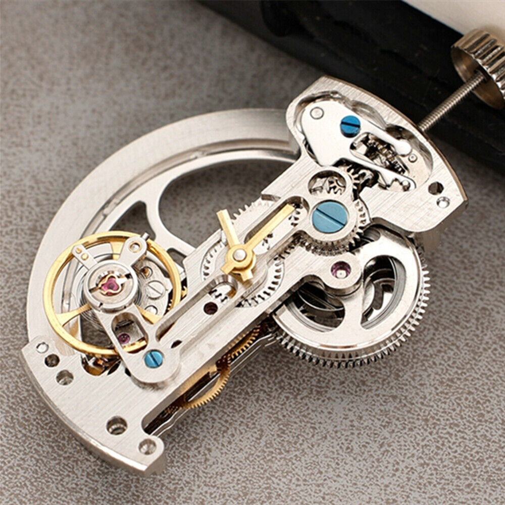Silver rectangular bare balance wheel watch movement by Asian LG0807, automatic mechanical design detail.