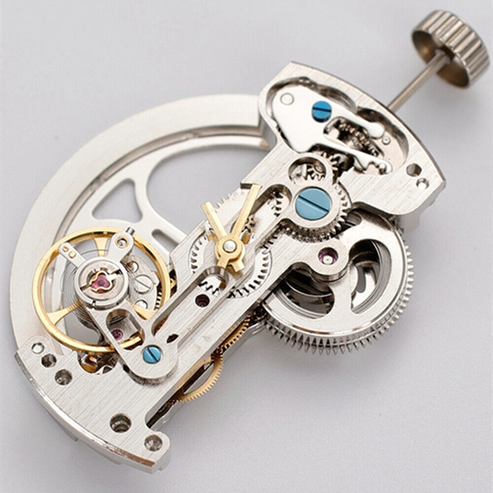 Silver rectangular bare balance wheel LG0807 watch movement by Asian, automatic mechanical design detail.