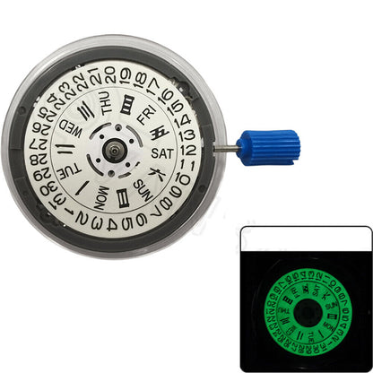 Miyota NH36A watch movement with white dial, green lume, and 3/3.8 crown position for precise timekeeping.