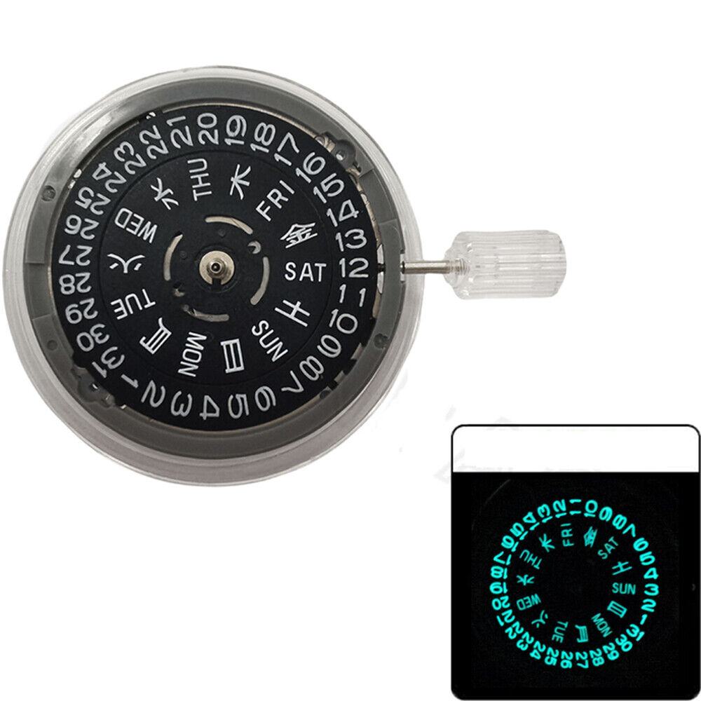 Miyota NH36A black automatic watch movement with blue lume and 3/3.8 crown position for precise timekeeping