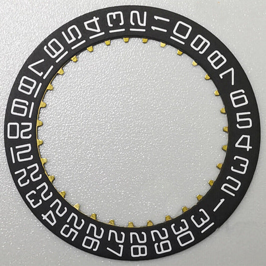 Swiss Black Date Disk Wheel for ETA2824 watch movement, square font date at 3 o'clock, precision replacement part.