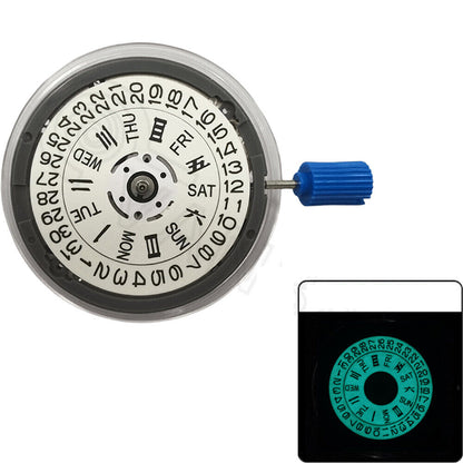 Miyota NH36A automatic mechanical watch movement with white dial and blue lume, showcasing 3/3.8 crown positions