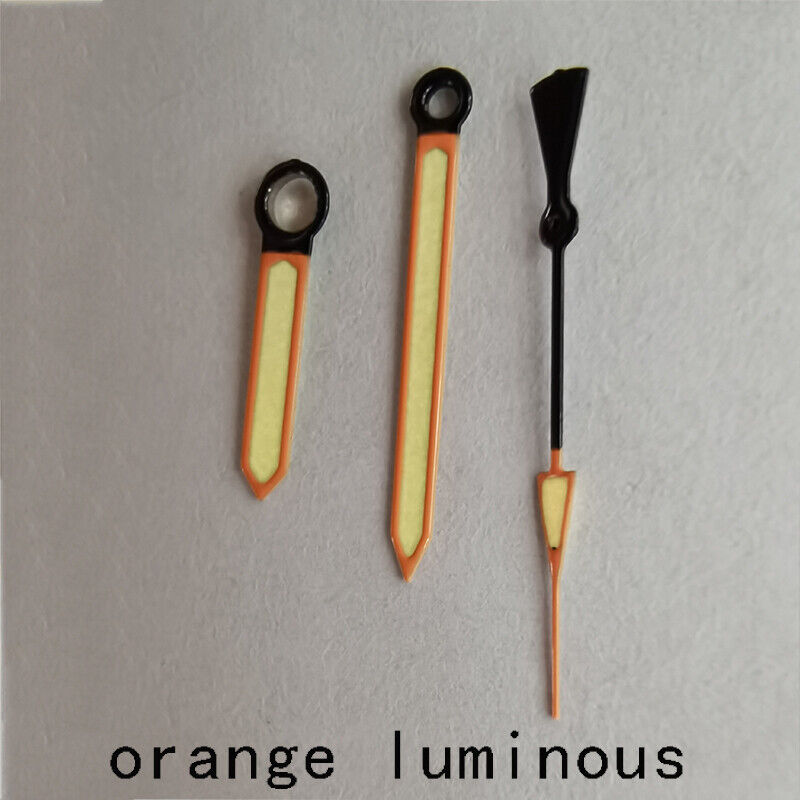 Orange luminous watch hands with orange trim, compatible with NH36, NH35, and 7S26 movements,.