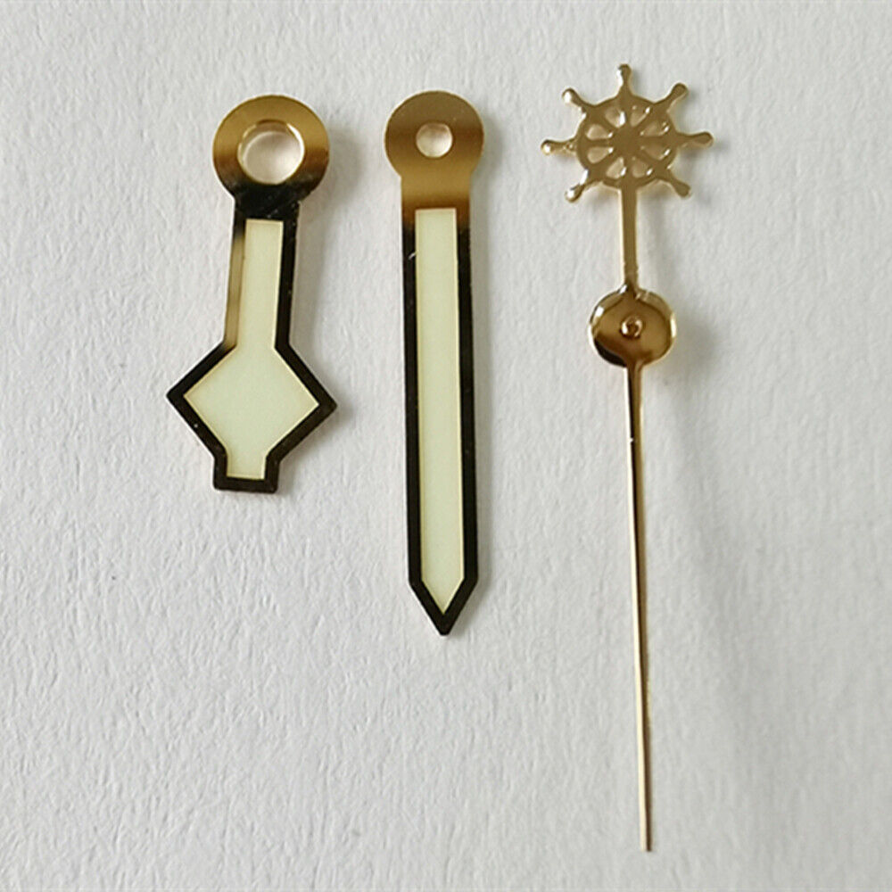 Golden trim green luminous watch hands for NH36 NH35 7S26 movement, enhancing readability and style.