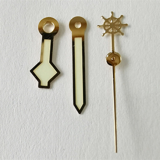 Golden trim green luminous watch hands for NH36 NH35 7S26 movement, enhancing readability and style.