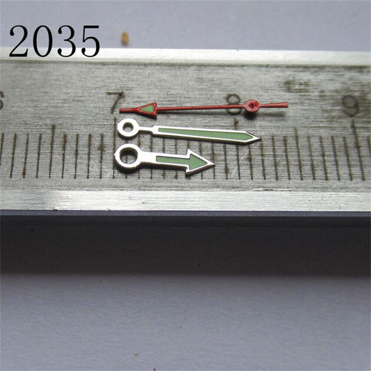 Arrow-shaped green luminous watch hands set for Miyota 2035, perfect for night visibility.