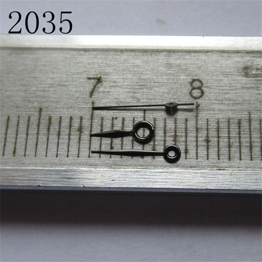 Black polished pointed watch hands set, compatible with Miyota 2035/2115/2105/2305 movements, precision-crafted.