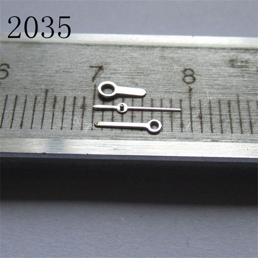 Silver watch hands set for Miyota 2035 movement, precise fit for repair and customization.