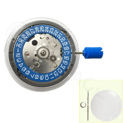 Close-up of NH34 Automatic Mechanical GMT watch movement with blue disk wheel and white font, showcasing precise timekeeping features.