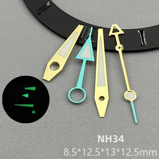 Green luminous golden watch hands with light blue trim, compatible with NH34 movement - premium watch accessory.
