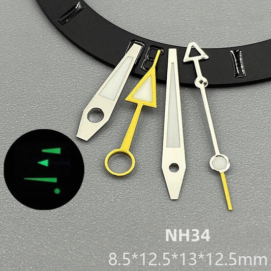 Green luminous silver watch hands with yellow trim, designed for NH34 movement.