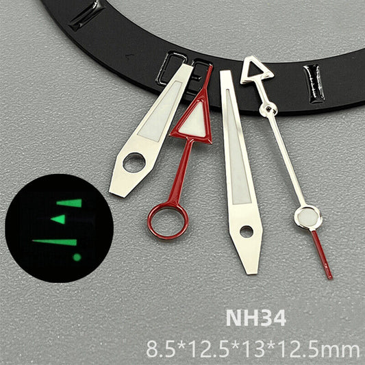 Green luminous silver watch hands with red trim for NH34 movement, enhancing visibility and style.