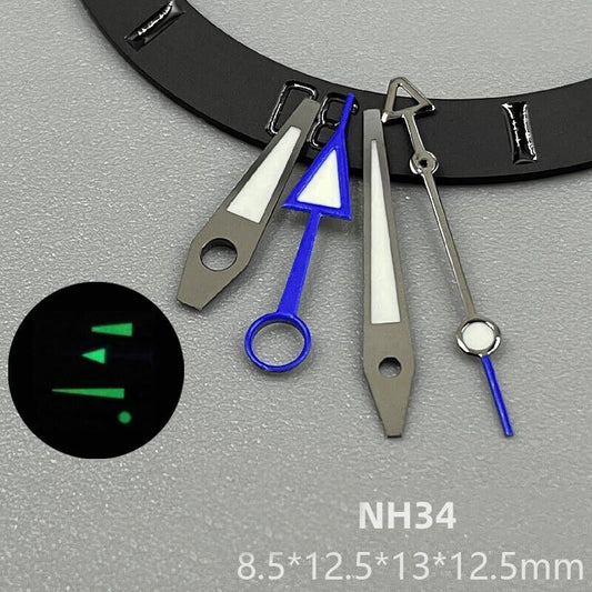 Green luminous watch hands with sea blue trim for NH34 movement, enhancing visibility and style.
