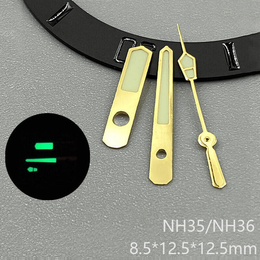 Golden trim luminous watch hands with strong green glow for NH35 NH36 NH38 NH70 NH71 NH72 movements, ideal for watch repairs.