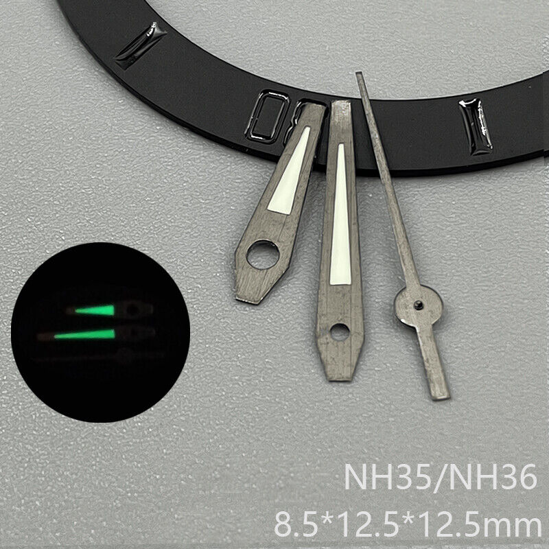 Black trim green luminous watch hands designed for NH35, NH36, NH38, NH70, NH71, NH72 movements.