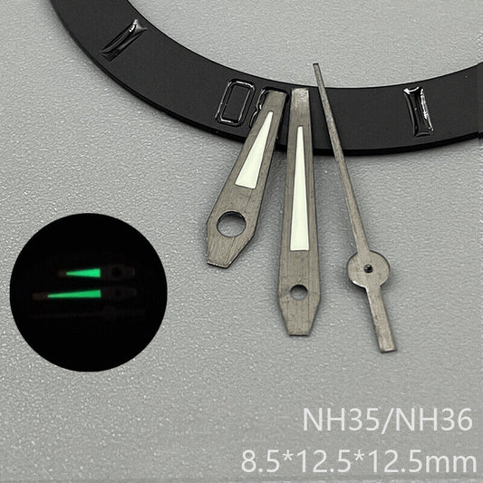 Black trim green luminous watch hands designed for NH35, NH36, NH38, NH70, NH71, NH72 movements.