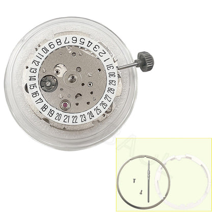 Miyota/Citizen 8215 silver-plated automatic mechanical watch movement with date at 6, Japan made.