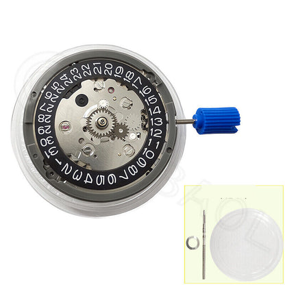 NH34 Automatic mechanical watch movement with GMT, hacking seconds, and black date wheel at 3 o'clock.