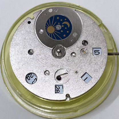 Mingzhu 2813 automatic watch movement showcasing moon phase at 12 o'clock and small second at 6 o'clock dial.
