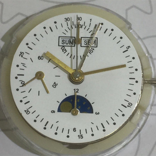 China Made 7750 7751 automatic mechanical watch movement with small second at 9 o'clock and moon phase at 6 o'clock.