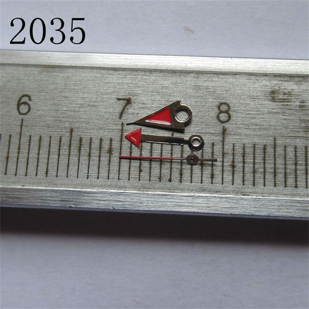 Red polished arrow-shaped watch hands set for Miyota 2035 movement, enhancing timepiece detail.