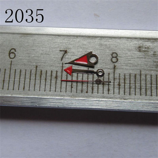 Red polished arrow-shaped watch hands set for Miyota 2035 movement, enhancing timepiece detail.