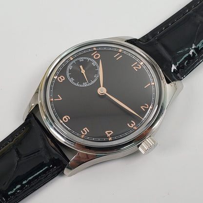 42mm Seagull ST3600 men's watch with manual mechanical movement and black dial, classic style.