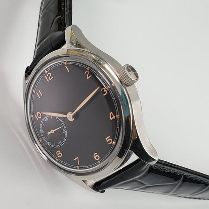 42mm Seagull ST3600 men's watch with manual movement, black dial, classic design for elegant wear.