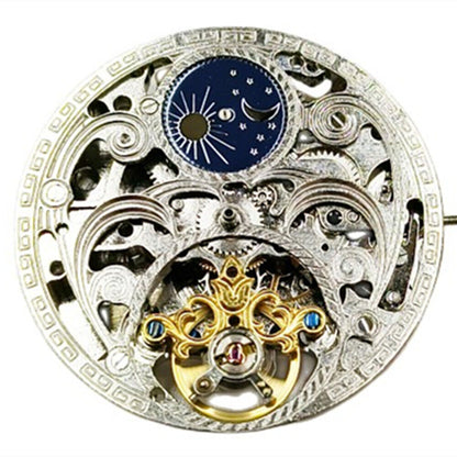 Silver hollow automatic mechanical watch with flywheel, 3 hands ? precision craftsmanship by New China Made.