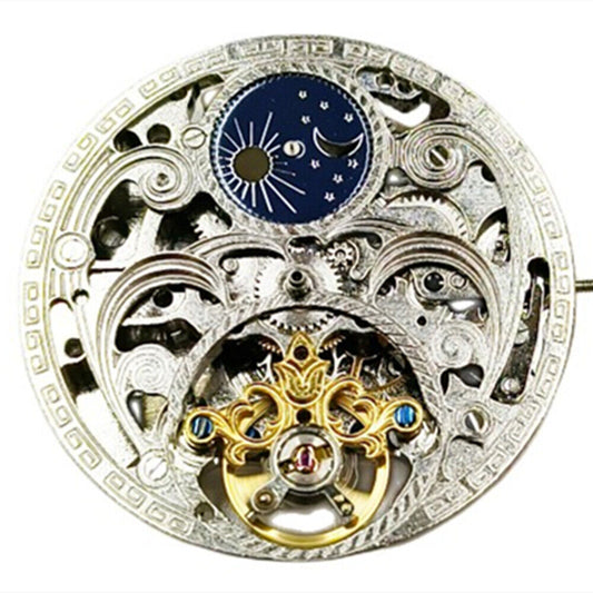 Silver hollow automatic mechanical watch with flywheel, 3 hands ? precision craftsmanship by New China Made.