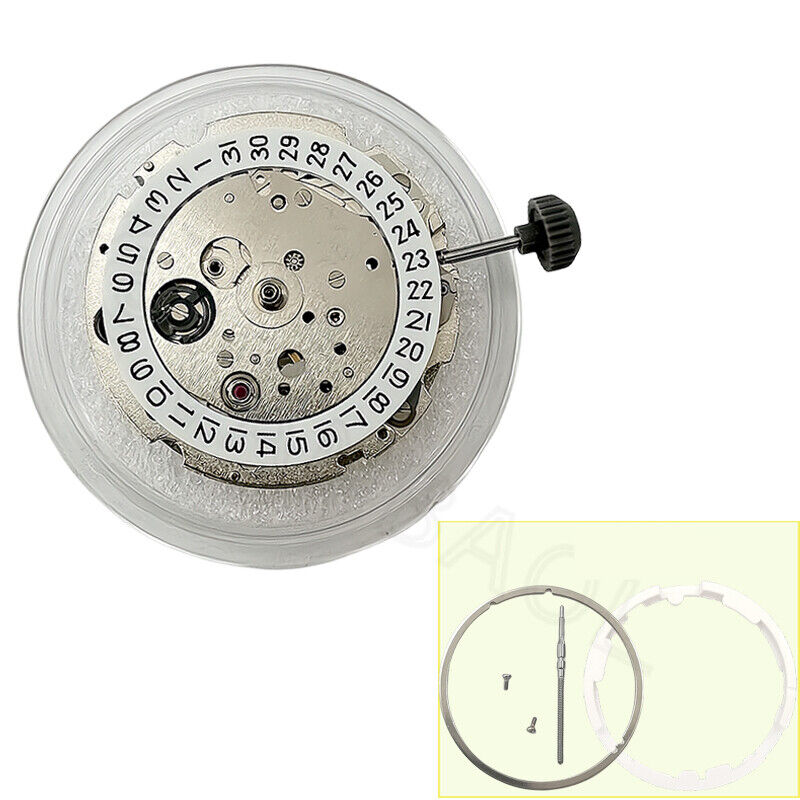 Miyota/Citizen 8215 silver plated watch movement with date at 3, Japan automatic mechanical precision.