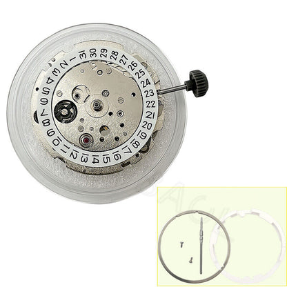Miyota/Citizen 8215 silver plated watch movement with date at 3, Japan automatic mechanical precision.