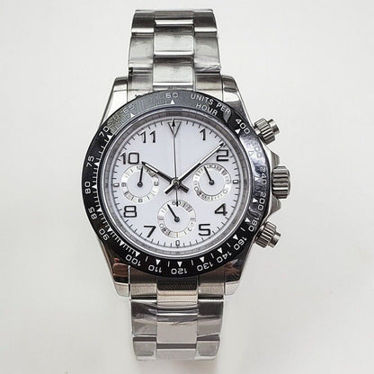 Montre chronographe à quartz VK63 en verre saphir de 39 mm avec cadran blanc et disque numérique