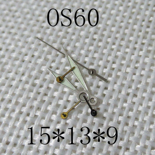 Silver trim green lume watch hands for Miyota OS60 movement, precise fit and luminous visibility.