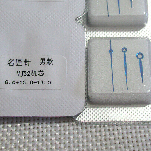 Blue plated no lume watch hands for Epson VJ32 movement, 8x13x13mm, precision-crafted.