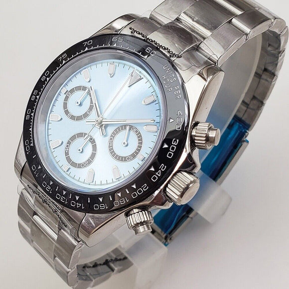 39mm Stainless Steel Sapphire Glass VK63 Chronograph Quartz Watch Blue Dial