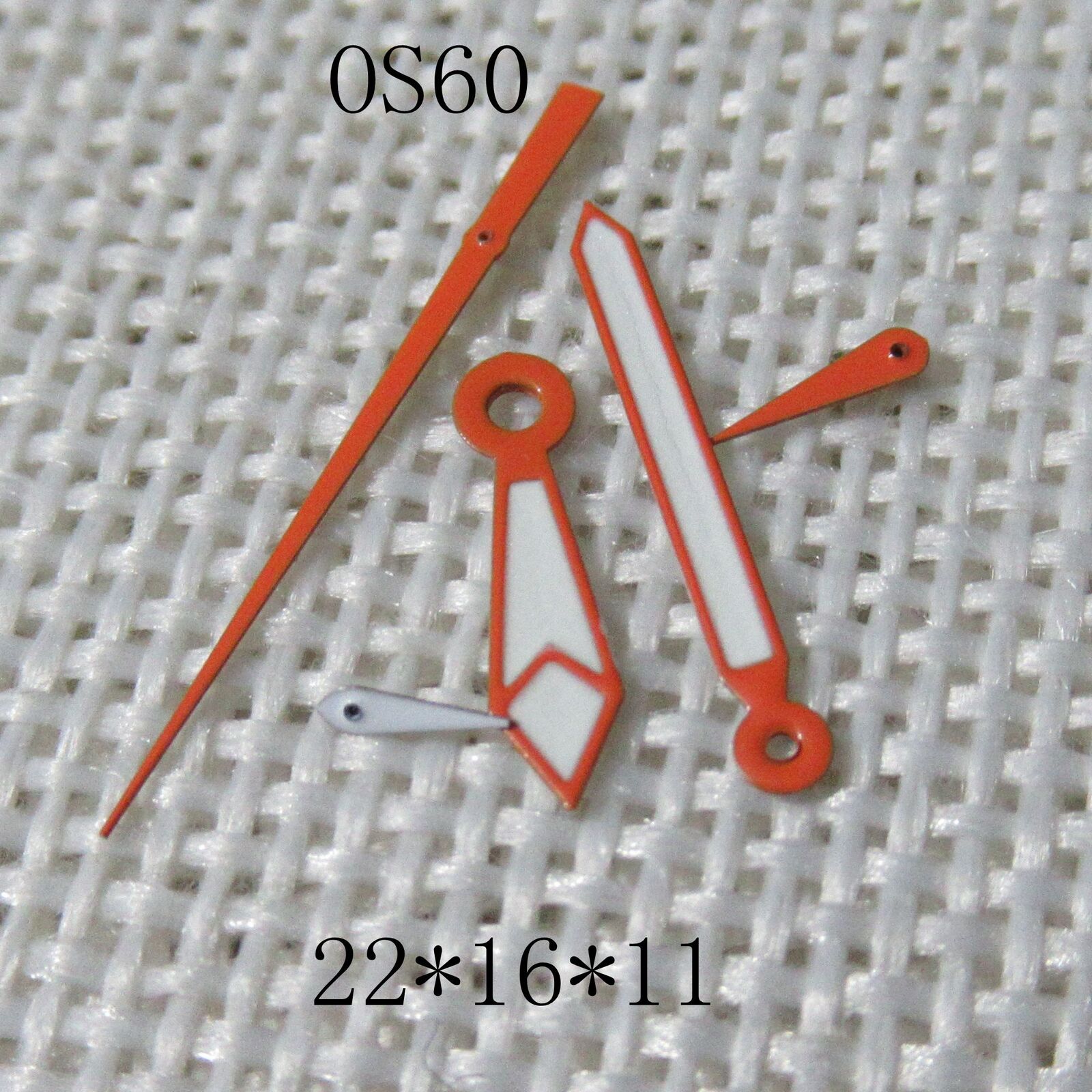 Orange-trimmed green lume watch hands for Miyota OS60 movement, precise fit and vibrant visibility.