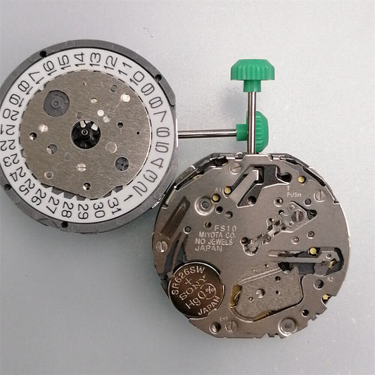 Japan Made Miyota FS10 chronograph watch movement with date display at 3 o'clock, precise quartz mechanism.