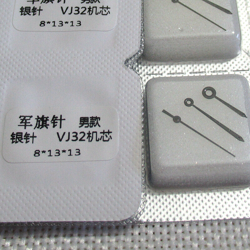 Black plated watch hands without lume, designed for Epson VJ32 movement, precise 8x13x13mm size.