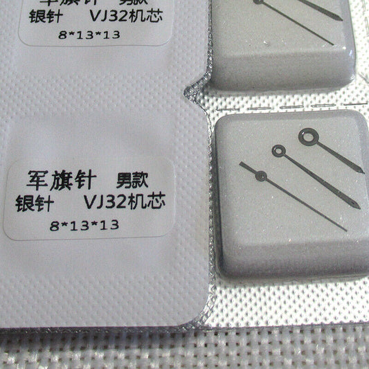 Black plated watch hands without lume, designed for Epson VJ32 movement, precise 8x13x13mm size.