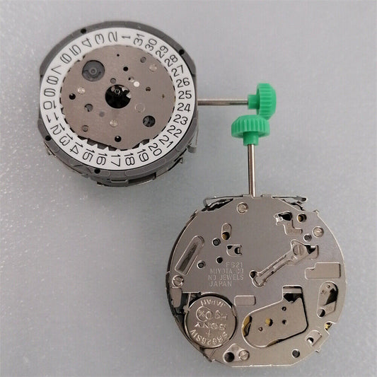 Japan Made Miyota FS21 chronograph quartz watch movement with date display at 4 o'clock, precision timing.