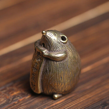 Hand-carved solid copper mouse trinket censer, detailed bronze figurine for decor.