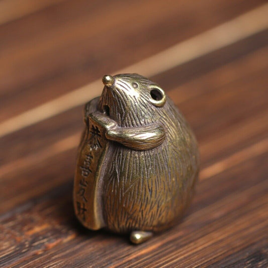 Hand-carved solid copper mouse trinket censer, detailed bronze figurine for decor.